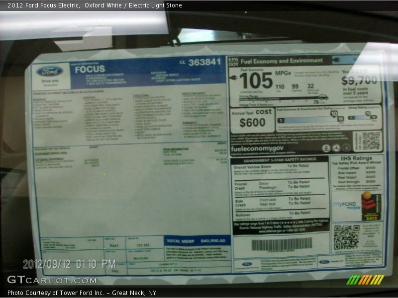  2012 Focus Electric Window Sticker
