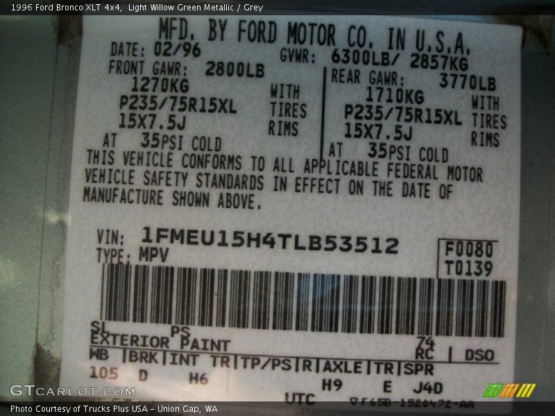 1996 Bronco XLT 4x4 Light Willow Green Metallic Color Code SL