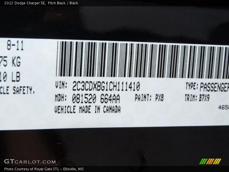 Pitch Black / Black 2012 Dodge Charger SE