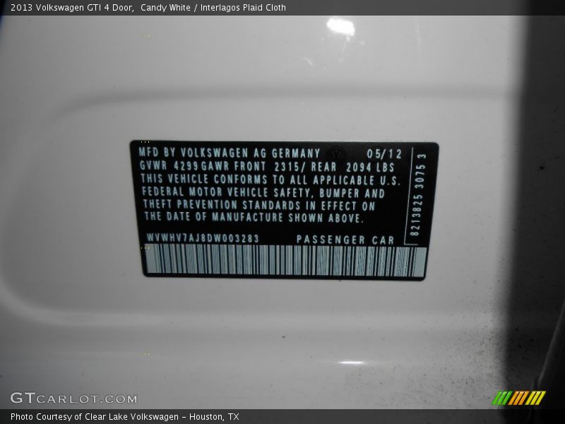 Candy White / Interlagos Plaid Cloth 2013 Volkswagen GTI 4 Door