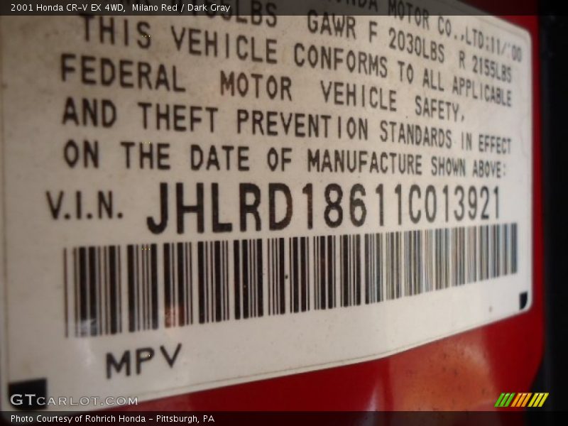 Milano Red / Dark Gray 2001 Honda CR-V EX 4WD