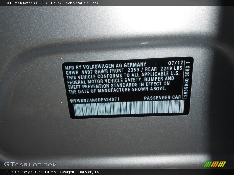 Reflex Silver Metallic / Black 2013 Volkswagen CC Lux