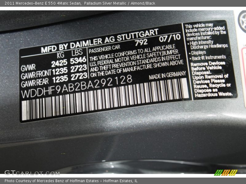 Palladium Silver Metallic / Almond/Black 2011 Mercedes-Benz E 550 4Matic Sedan