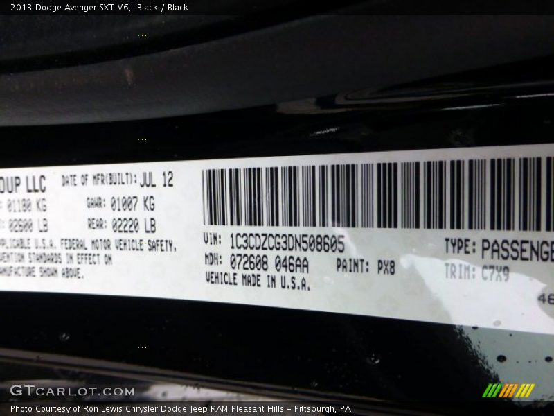 2013 Avenger SXT V6 Black Color Code PX8