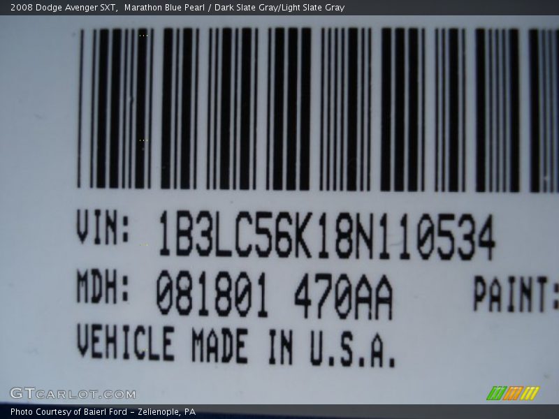 Marathon Blue Pearl / Dark Slate Gray/Light Slate Gray 2008 Dodge Avenger SXT