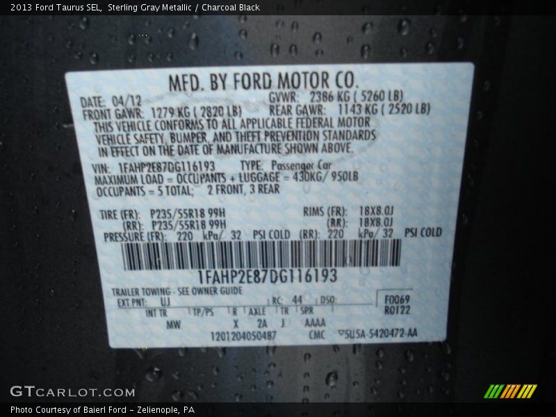 Sterling Gray Metallic / Charcoal Black 2013 Ford Taurus SEL