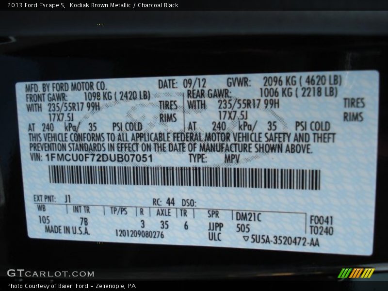 Kodiak Brown Metallic / Charcoal Black 2013 Ford Escape S