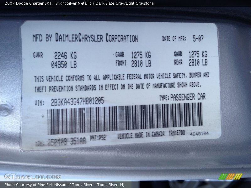 Bright Silver Metallic / Dark Slate Gray/Light Graystone 2007 Dodge Charger SXT