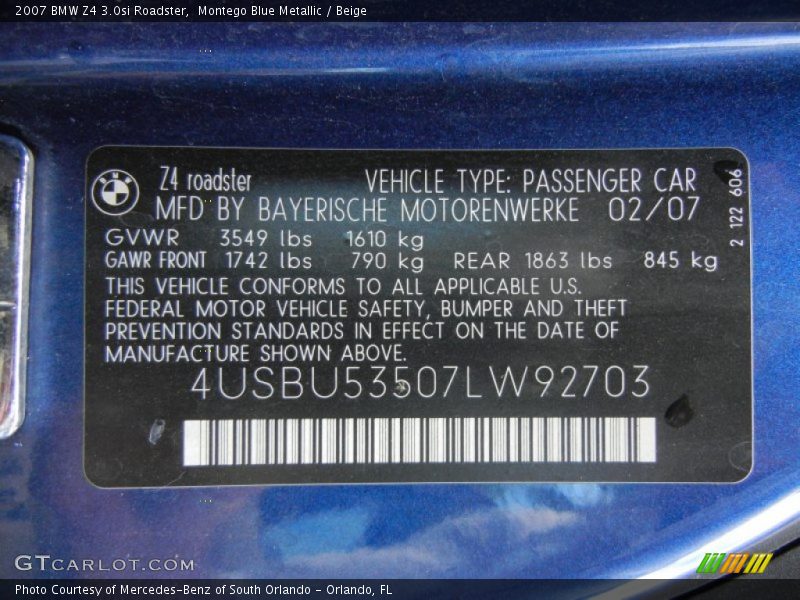 Info Tag of 2007 Z4 3.0si Roadster