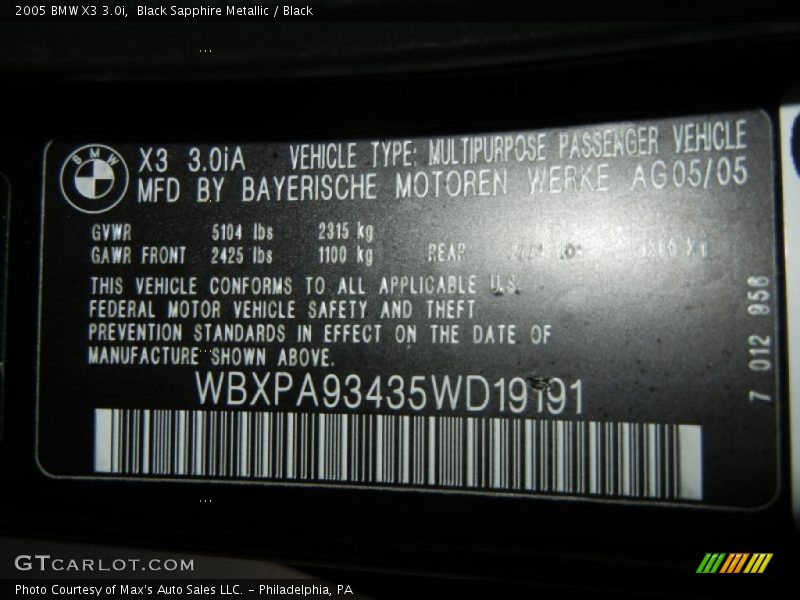 Black Sapphire Metallic / Black 2005 BMW X3 3.0i