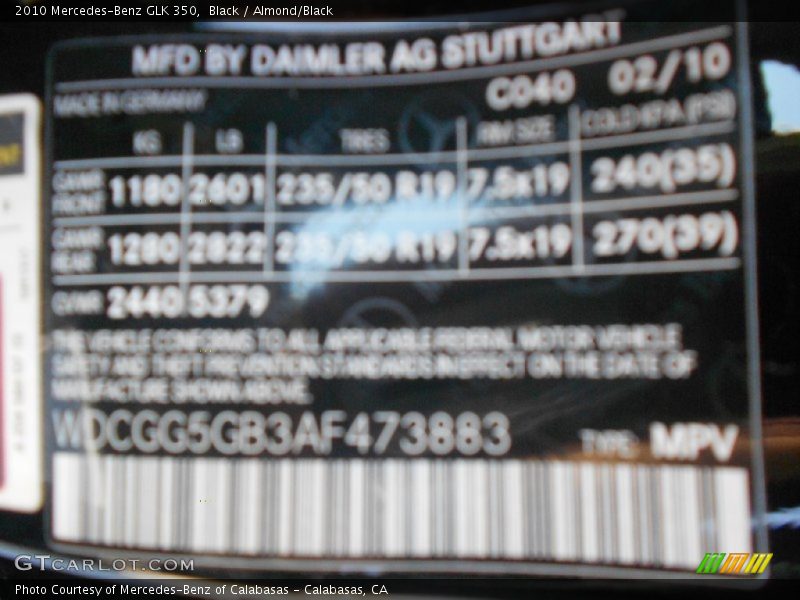 Black / Almond/Black 2010 Mercedes-Benz GLK 350
