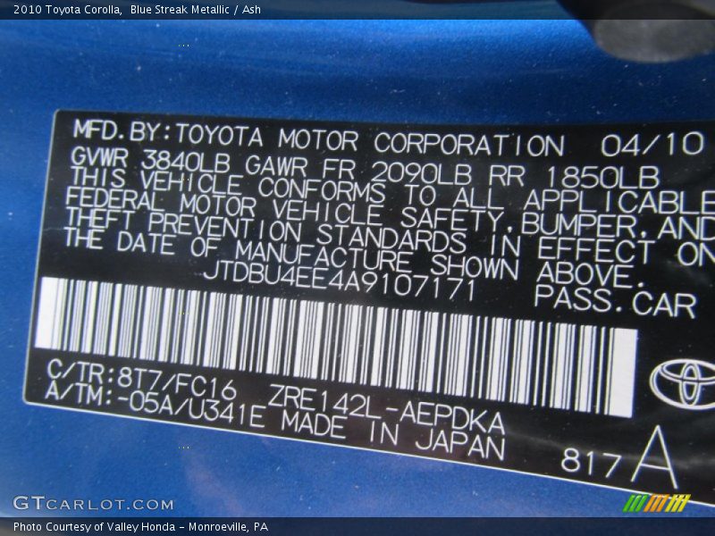 2010 Corolla  Blue Streak Metallic Color Code 8T7