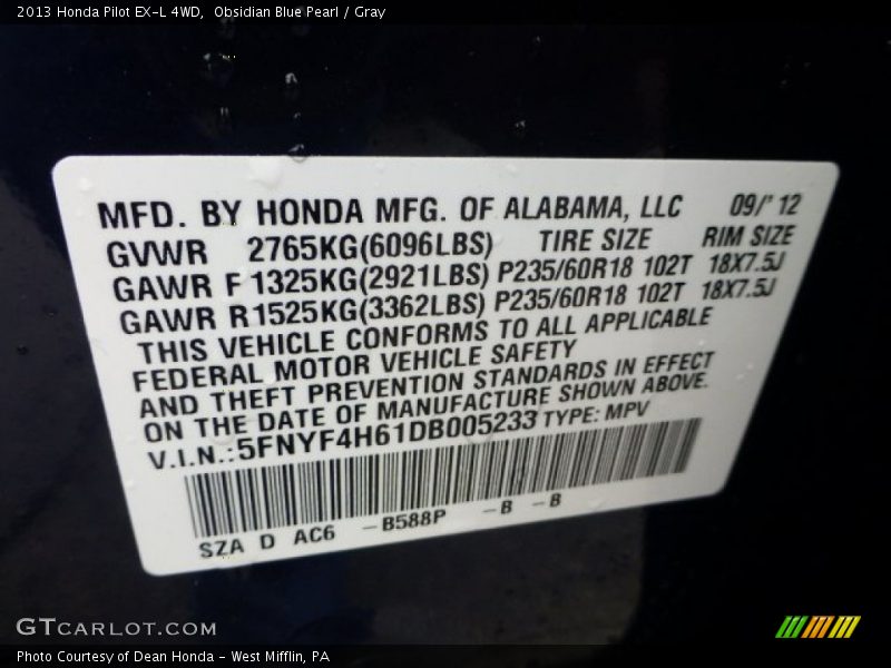 2013 Pilot EX-L 4WD Obsidian Blue Pearl Color Code B588P