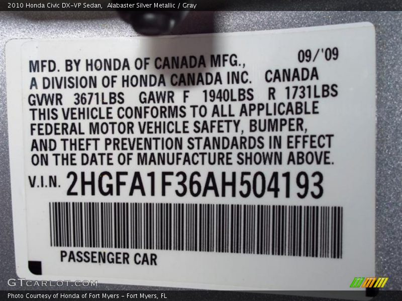 Alabaster Silver Metallic / Gray 2010 Honda Civic DX-VP Sedan