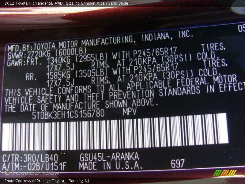 Sizzling Crimson Mica / Sand Beige 2012 Toyota Highlander SE 4WD