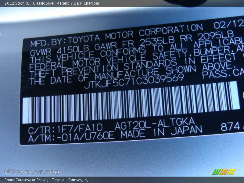 Classic Silver Metallic / Dark Charcoal 2012 Scion tC