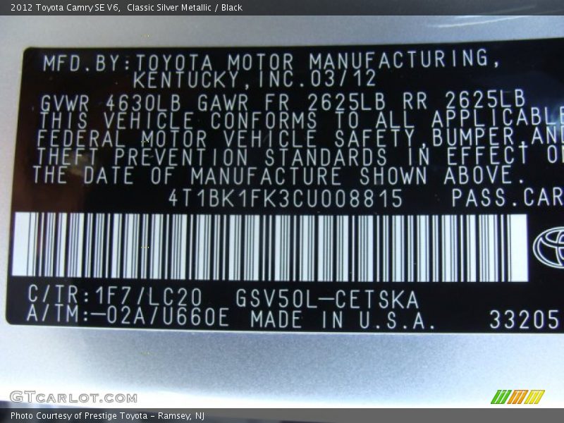 Classic Silver Metallic / Black 2012 Toyota Camry SE V6