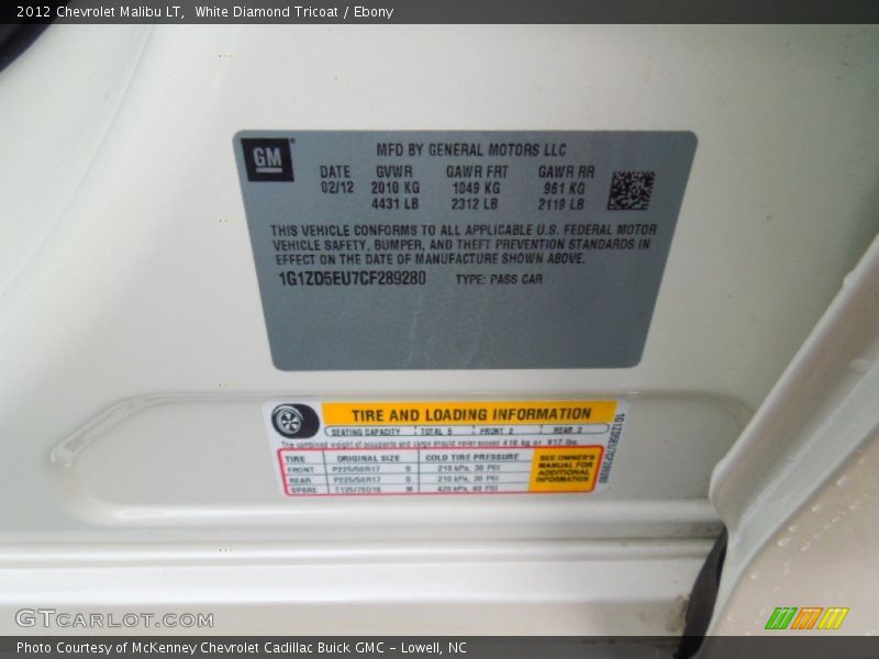 White Diamond Tricoat / Ebony 2012 Chevrolet Malibu LT