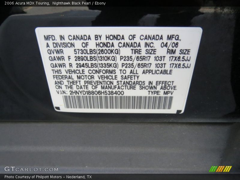 Nighthawk Black Pearl / Ebony 2006 Acura MDX Touring