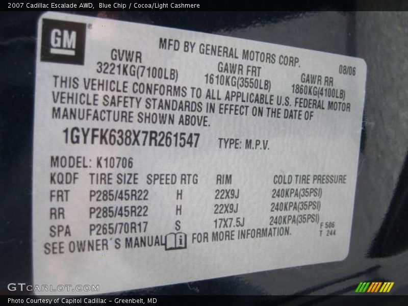 Blue Chip / Cocoa/Light Cashmere 2007 Cadillac Escalade AWD