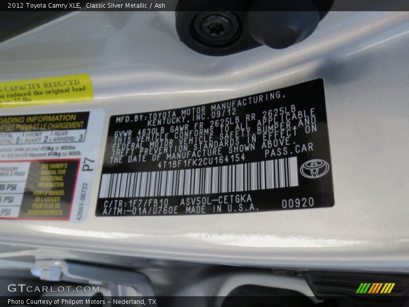 Classic Silver Metallic / Ash 2012 Toyota Camry XLE