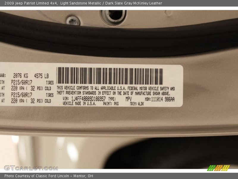 2009 Patriot Limited 4x4 Light Sandstone Metallic Color Code PKG