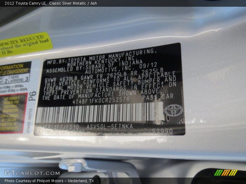 Classic Silver Metallic / Ash 2012 Toyota Camry LE