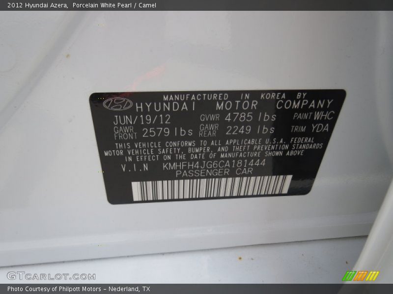 Porcelain White Pearl / Camel 2012 Hyundai Azera