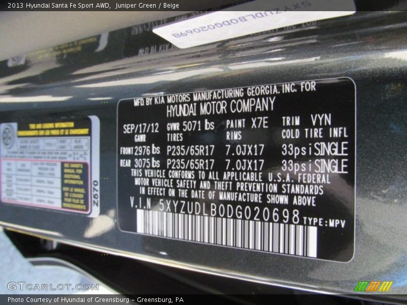 2013 Santa Fe Sport AWD Juniper Green Color Code X7E