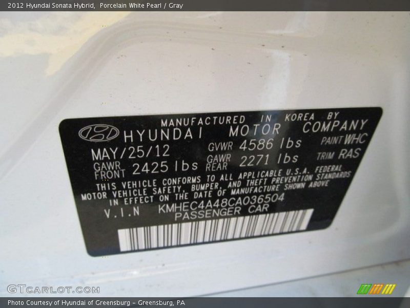 Porcelain White Pearl / Gray 2012 Hyundai Sonata Hybrid