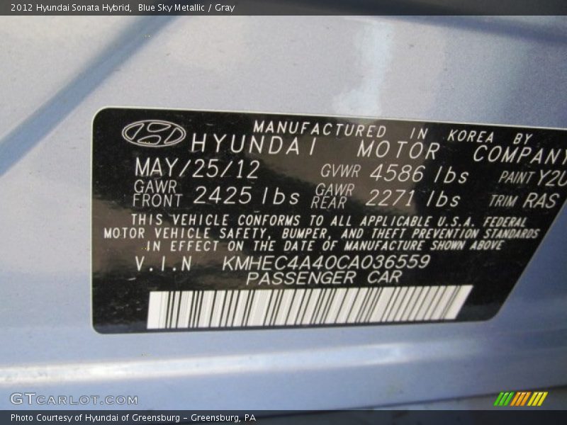 Blue Sky Metallic / Gray 2012 Hyundai Sonata Hybrid
