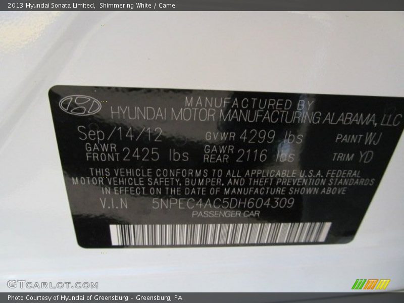 Shimmering White / Camel 2013 Hyundai Sonata Limited