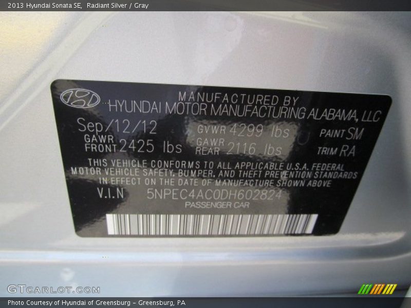 Radiant Silver / Gray 2013 Hyundai Sonata SE