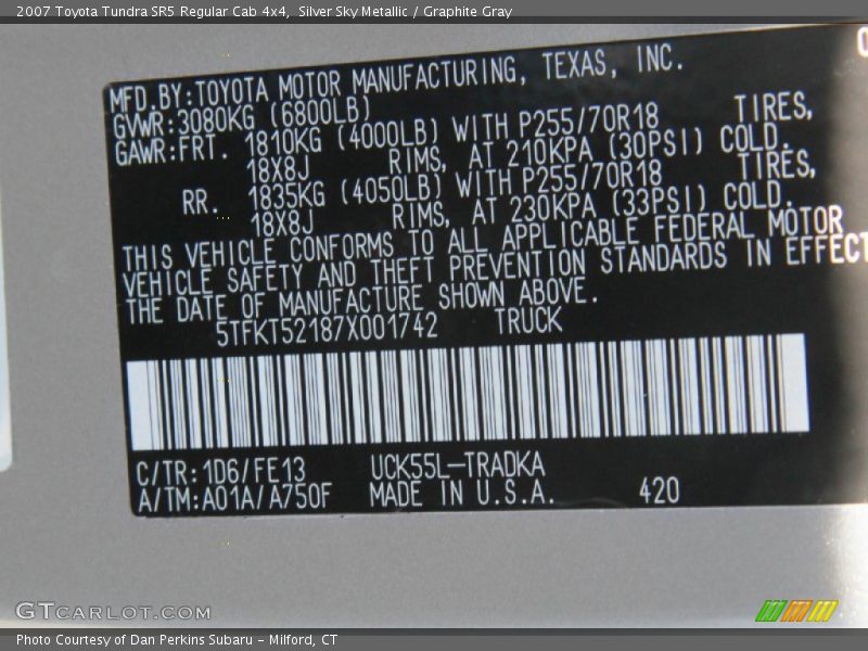 2007 Tundra SR5 Regular Cab 4x4 Silver Sky Metallic Color Code 1D6