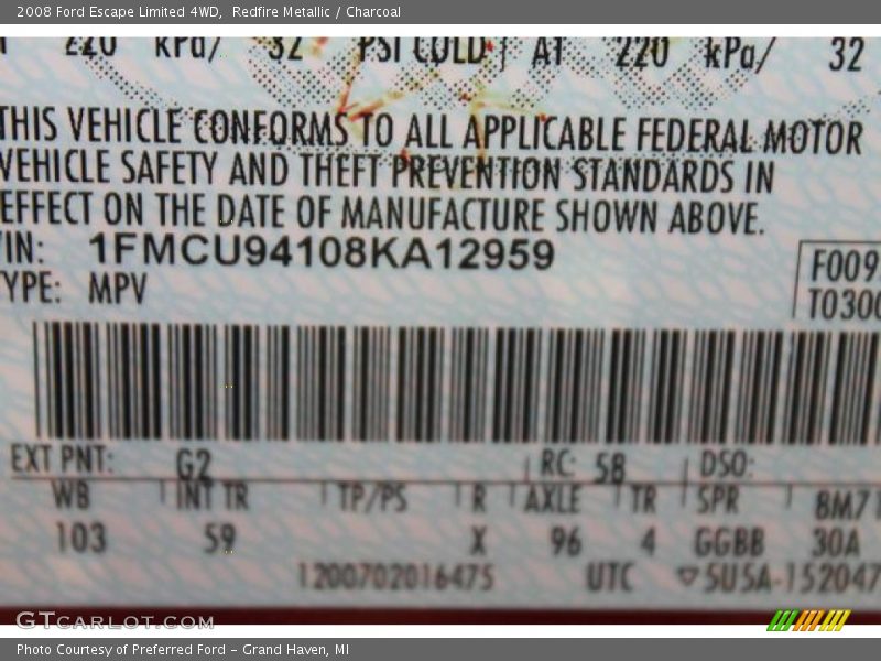 Redfire Metallic / Charcoal 2008 Ford Escape Limited 4WD