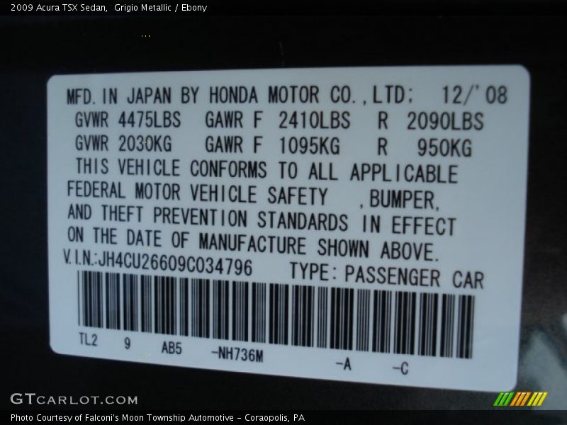 Grigio Metallic / Ebony 2009 Acura TSX Sedan