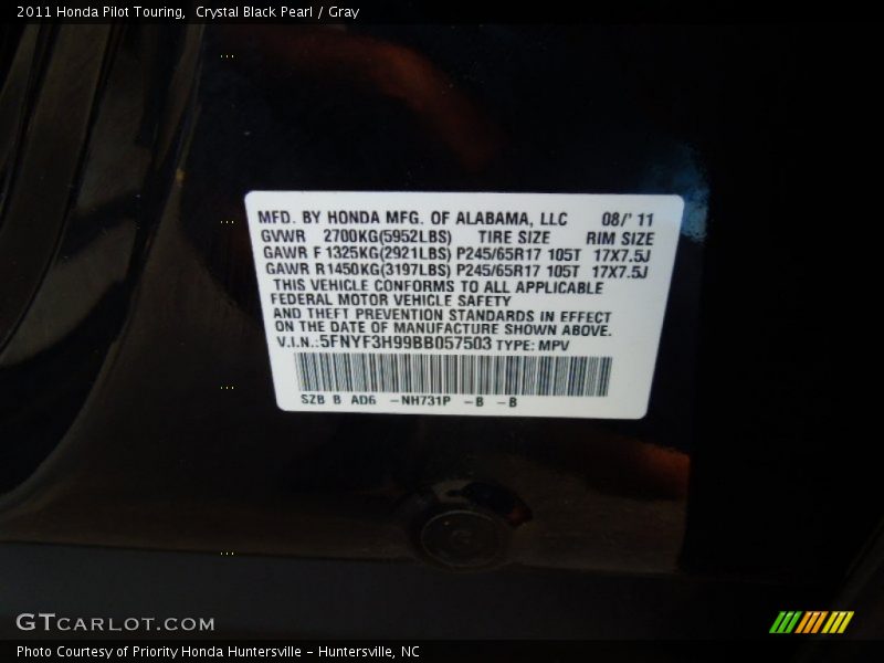 Crystal Black Pearl / Gray 2011 Honda Pilot Touring