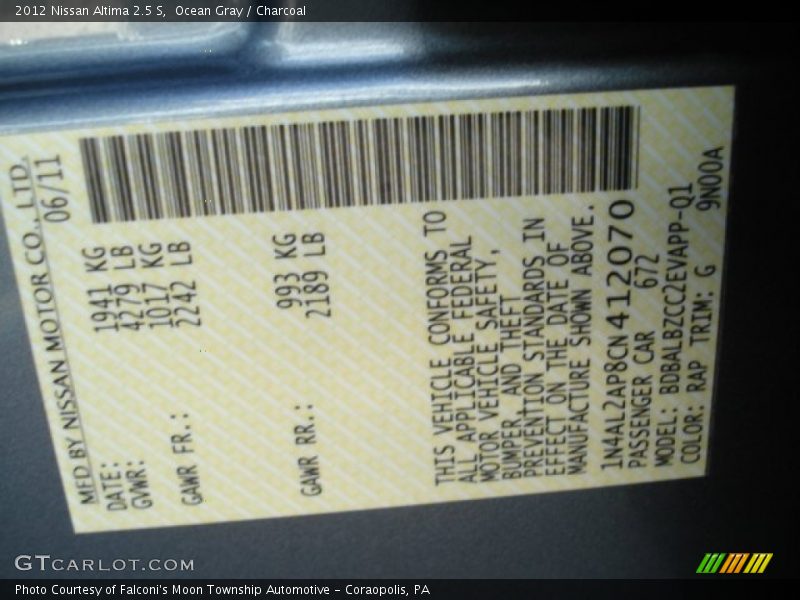 Ocean Gray / Charcoal 2012 Nissan Altima 2.5 S