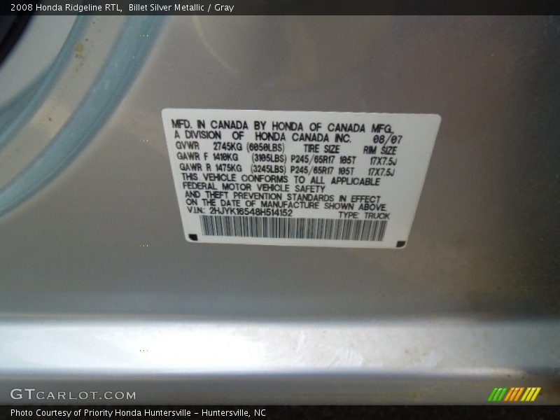Billet Silver Metallic / Gray 2008 Honda Ridgeline RTL