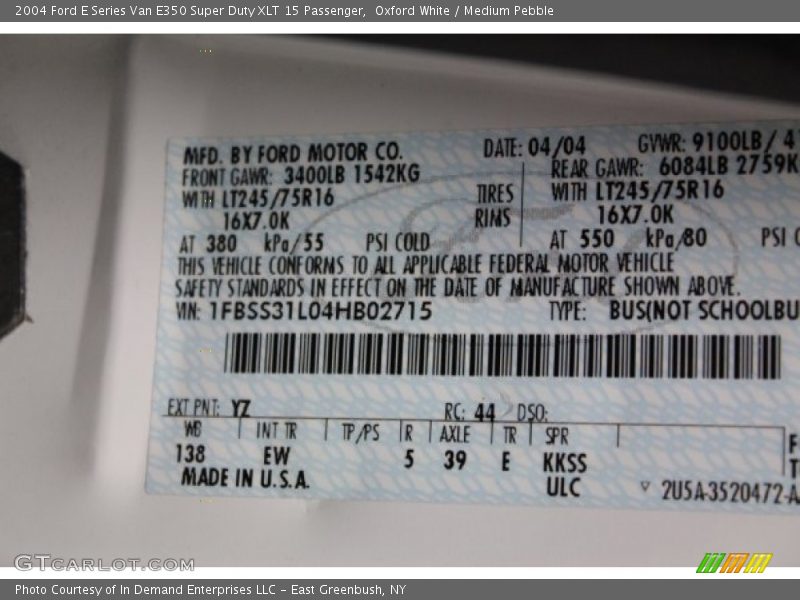 2004 E Series Van E350 Super Duty XLT 15 Passenger Oxford White Color Code YZ