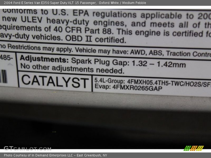 Info Tag of 2004 E Series Van E350 Super Duty XLT 15 Passenger