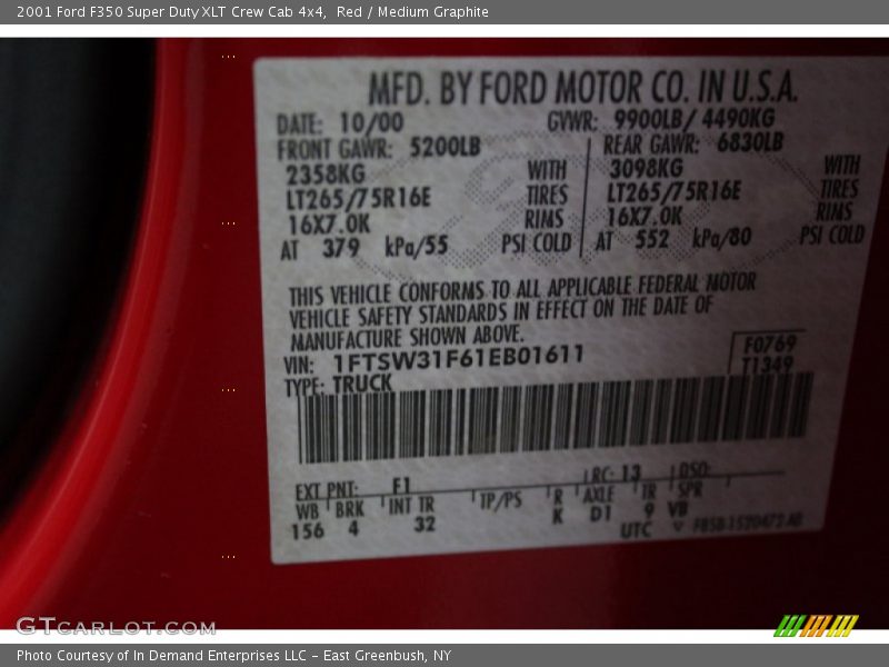 2001 F350 Super Duty XLT Crew Cab 4x4 Red Color Code F1