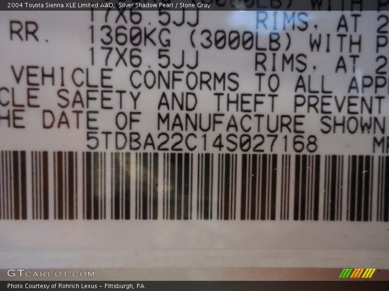 Silver Shadow Pearl / Stone Gray 2004 Toyota Sienna XLE Limited AWD