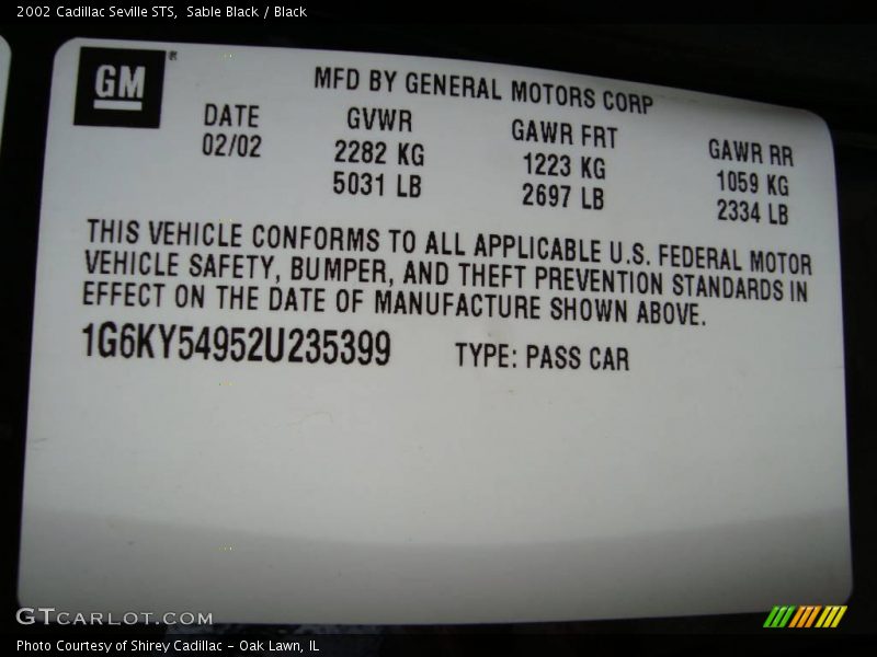 Sable Black / Black 2002 Cadillac Seville STS