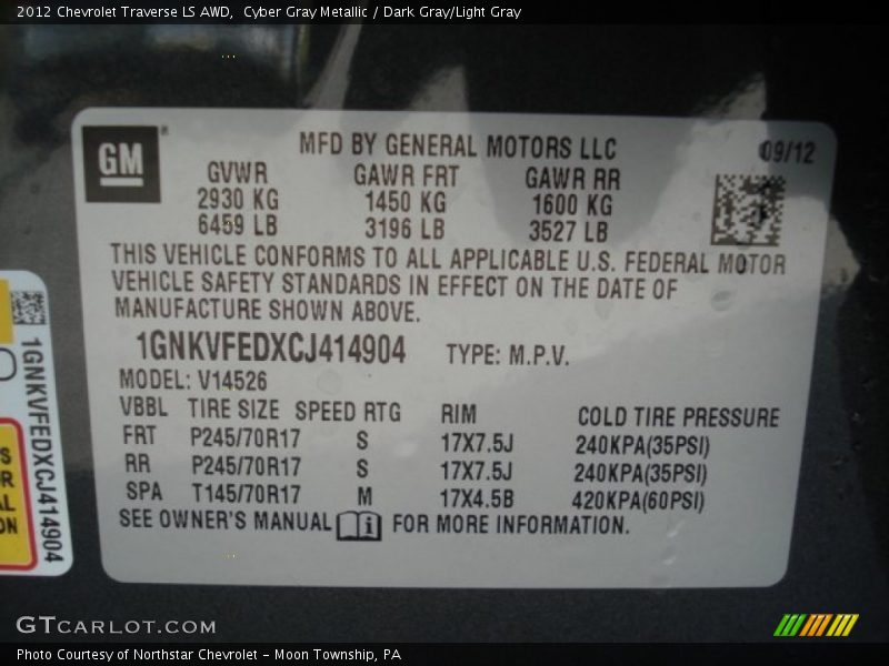 Cyber Gray Metallic / Dark Gray/Light Gray 2012 Chevrolet Traverse LS AWD