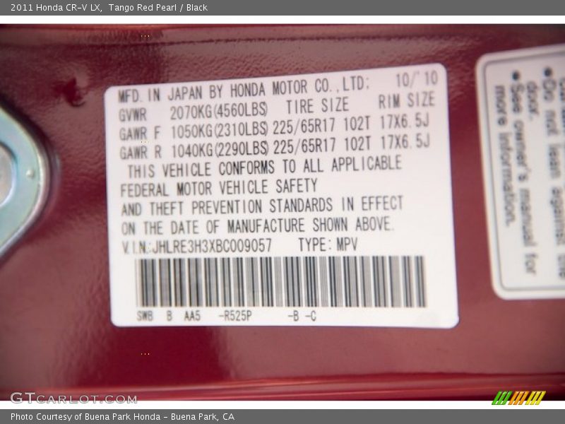 Tango Red Pearl / Black 2011 Honda CR-V LX