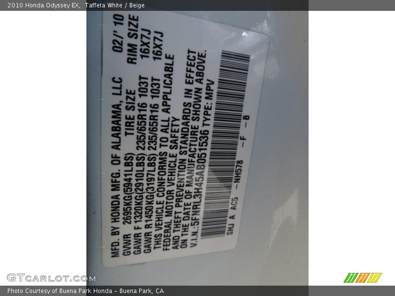 Taffeta White / Beige 2010 Honda Odyssey EX