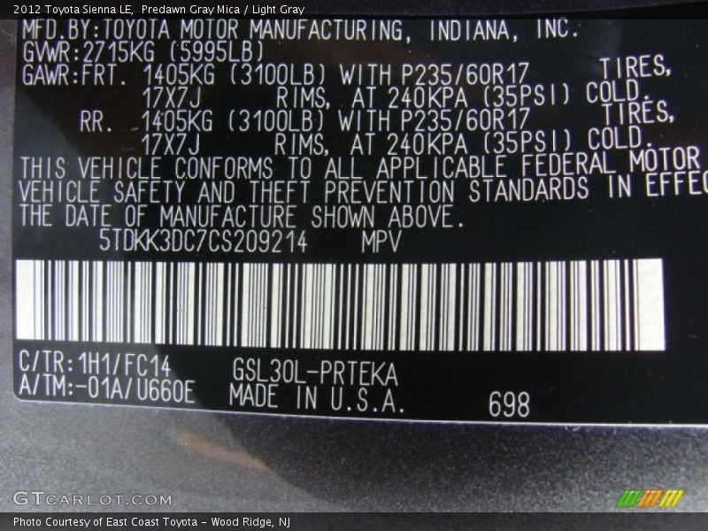 Predawn Gray Mica / Light Gray 2012 Toyota Sienna LE