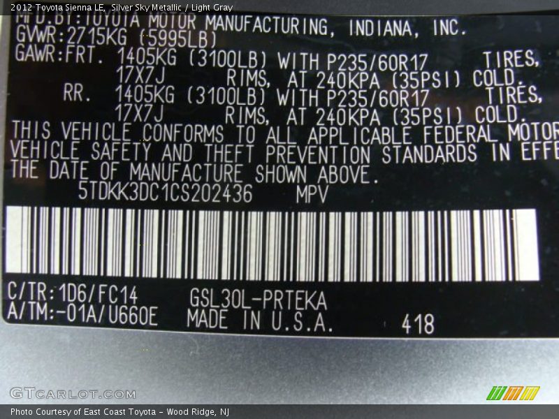 Silver Sky Metallic / Light Gray 2012 Toyota Sienna LE
