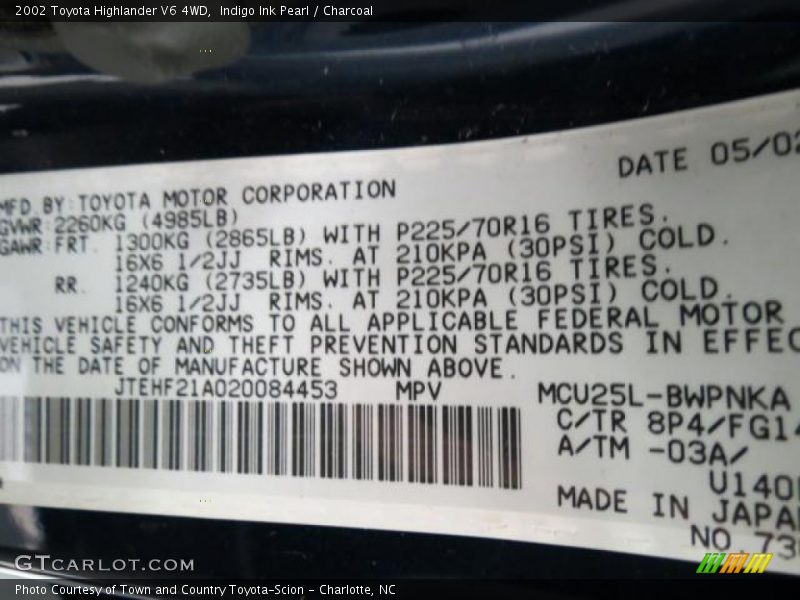 2002 Highlander V6 4WD Indigo Ink Pearl Color Code 8P4